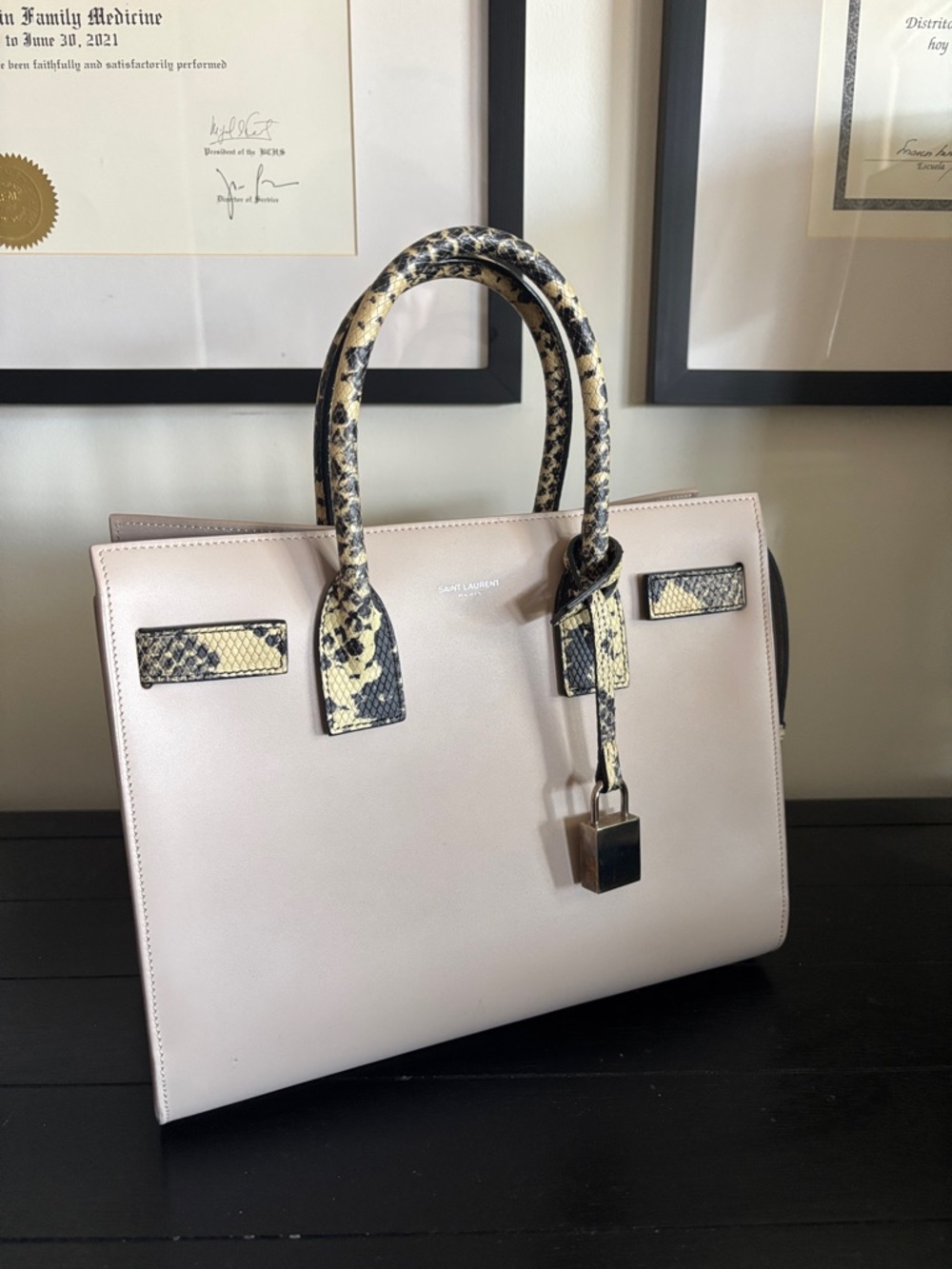 Saint Laurent Pale Pink Leather Satchel with Snakeskin Handles